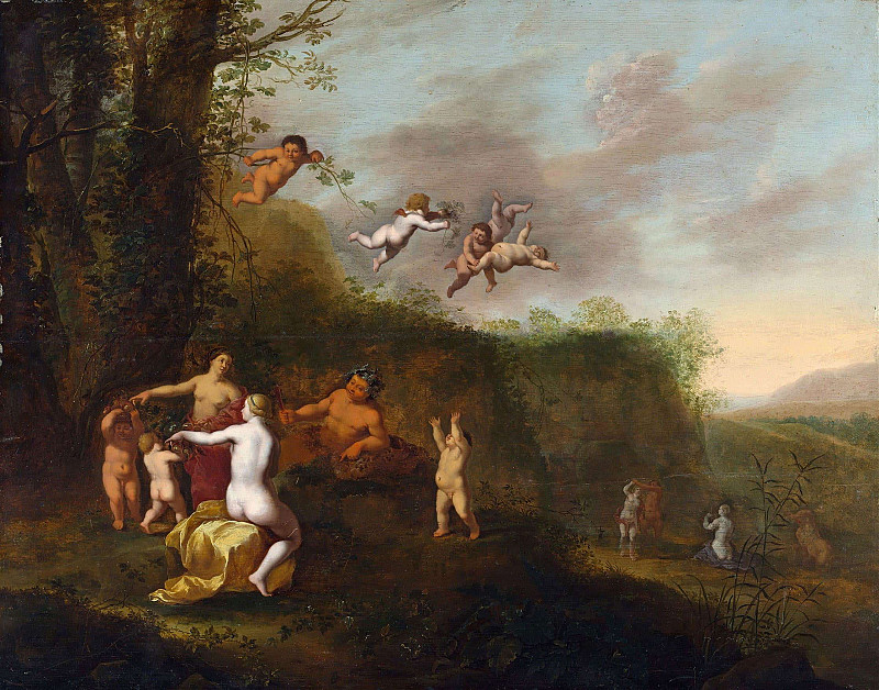Bacchus and Nymphs in a Landscape. Abraham van Cuylenborch