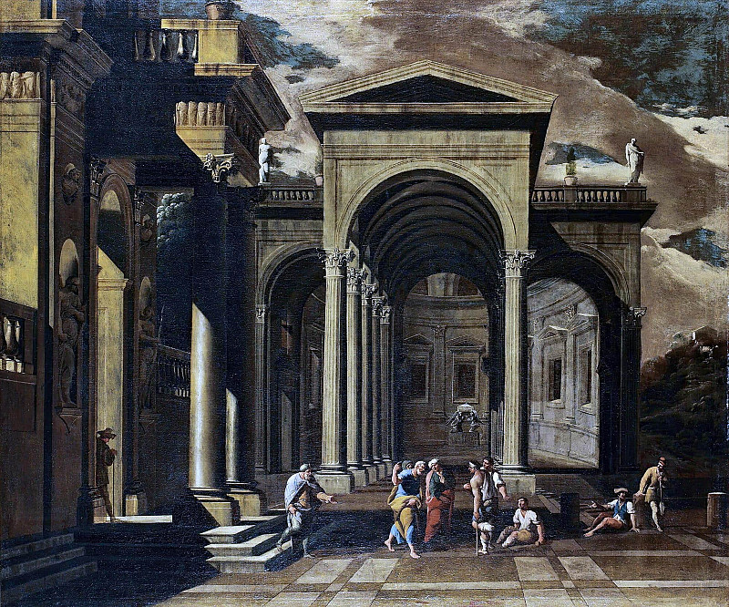 A Capriccio Of The Exterior Of An Elaborate Palace With Saint Peter Healing The Lame. Viviano Codazzi
