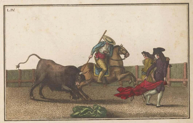 Picador Thrusts His Lance into a Bull (Coleccion de las principales suertes de una corrida de toros) (Verzameling van de belangrijkste manoeuvres bij het stierenvechten). Antonio Carnicero