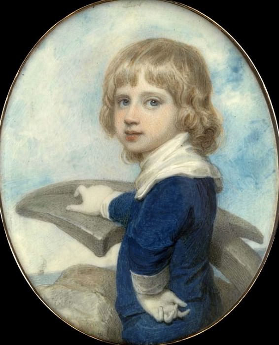 Portrait miniature of a young boy leaning on an anchor, a ship in the distance. Richard Cosway