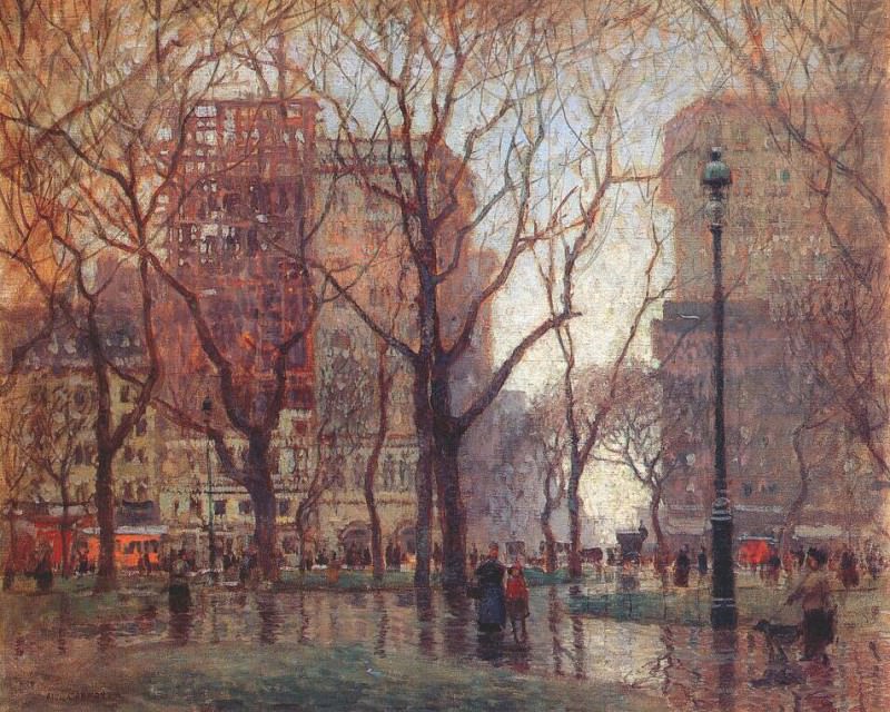 Rainy day, Madison square, New York. Paul Cornoyer