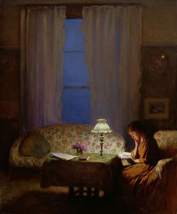 Reading by Lamplight, Twilight: Interior. Sir George Clausen