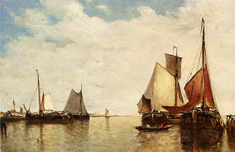 Moored Ships In A Small Harbour. Paul Jean Clays