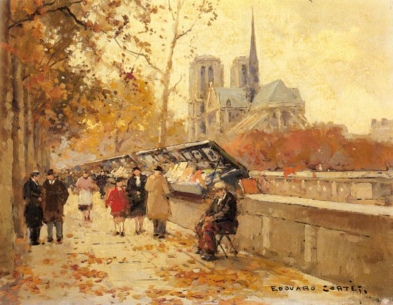 Booksellers Along The Seine With A View Of Notre Dame. Edouard-Léon Cortès