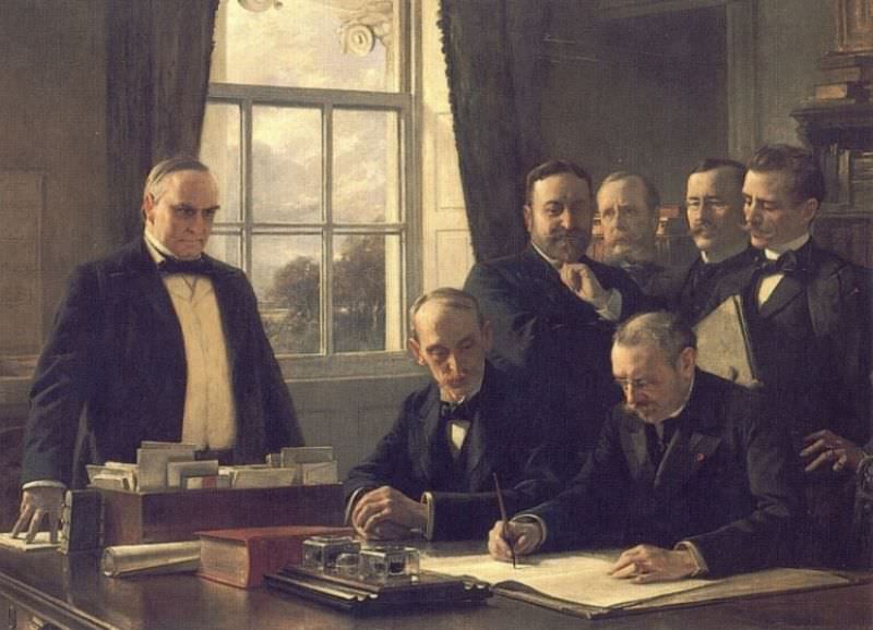 The Signing of the Protocol of Peace Between the United States and Spain on August 12 1898. Théobald Chartran