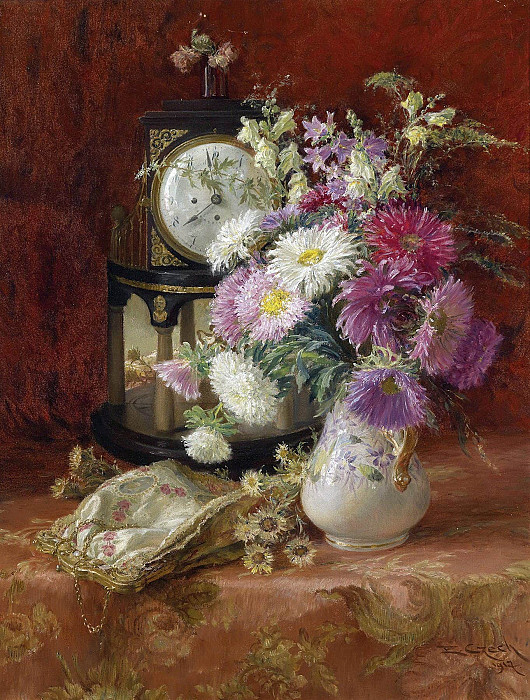 Still life with antique clock; Stillleben mit antiker Uhr. Emil Czech