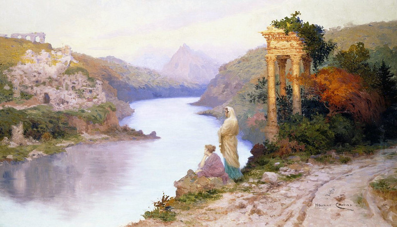 Figures by a River with Classical Ruins. Maurice Chabas