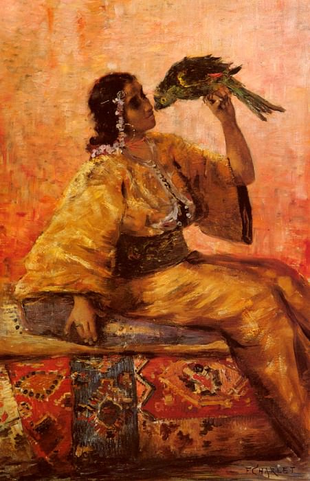 Марокканская красотка, держащая попугая. Франц Шарле