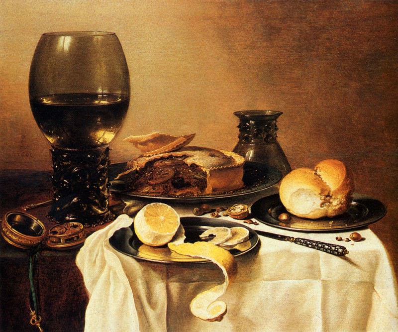 Breakfast Still Life With Roemer Meat Pie Lemon And Bread. Pieter Claesz
