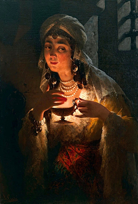 A young Turkish woman with an oil lamp. Luigi Crosio