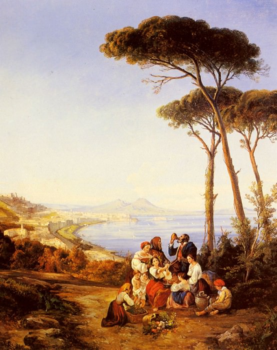 A Group Of Peasants With The Bay Naples Beyond, Consalvo Carelli