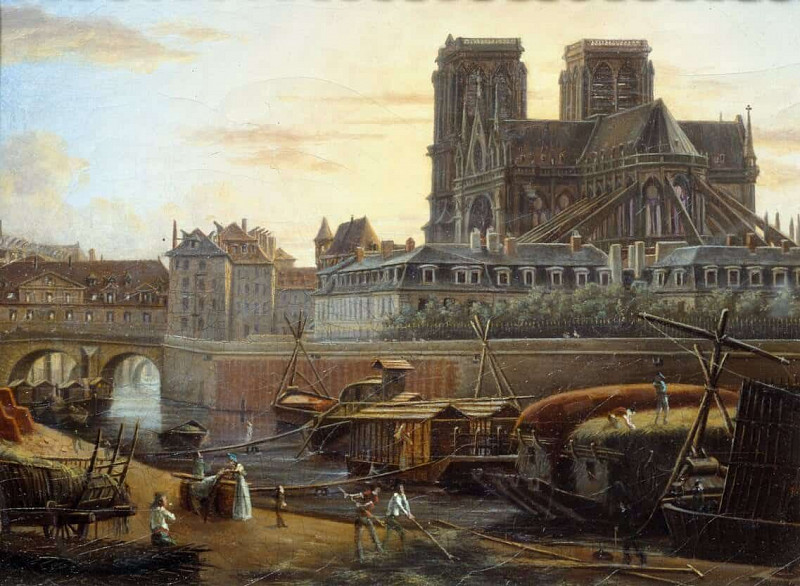Мост Сен-Карл, отель Dieu, архевеш и собор Парижской Богоматери, вид с набережной Турнель в Париже. Джузеппе Канелла