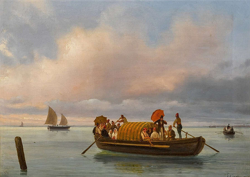 Венецианская сцена с гондолой в лагуне. Джузеппе Канелла