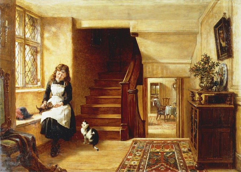 An Interior with a Girl Playing with Cats. Robert Collinson