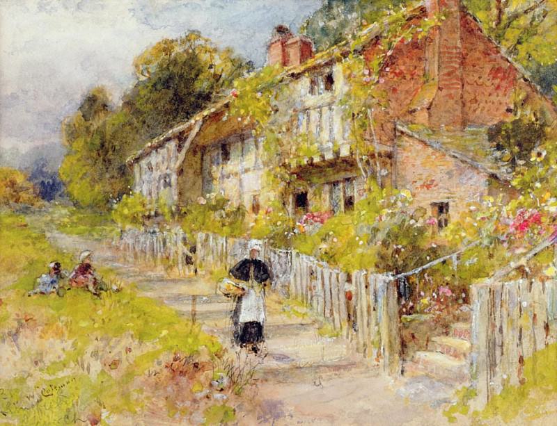 Cottages - a row of cottages with a figure and other children playing. William Stephen Coleman