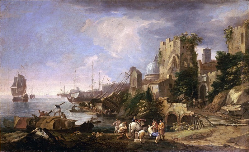 View with sea port and citadel. Luca Carlevarijs