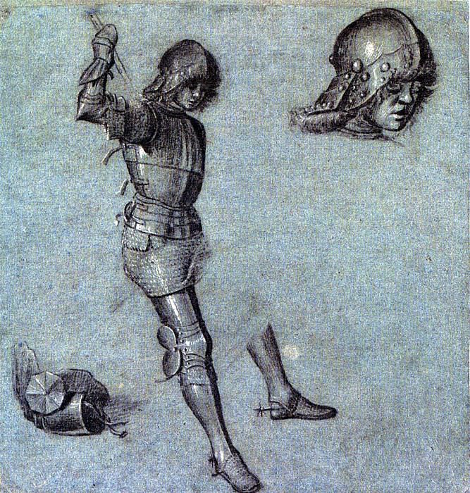 Three studies of a cavalier in armor. Vittore Carpaccio