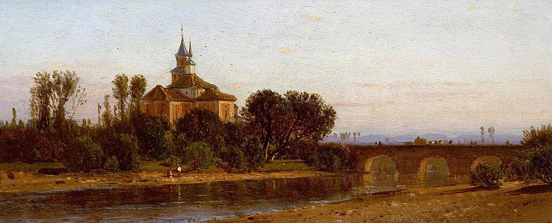 European River View with Bridge and Church. Samuel Colman Jr