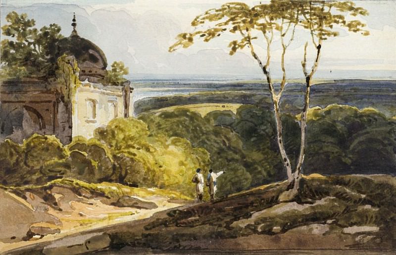 Landscape view with Muslim domed tomb. George Chinnery