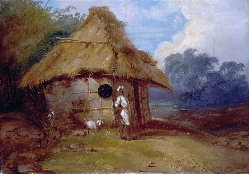 View in Southern India, with a Warrior Outside his Hut. George Chinnery