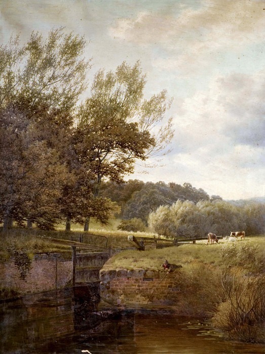 Wooded Landscape with Boy Fishing in a Lock. Henry Cheadle