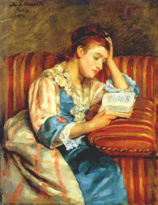 mrs duffee seated on a striped sofa, reading 1876. Mary Stevenson Cassatt
