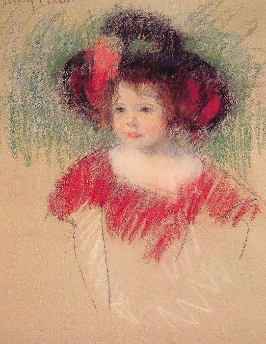 Margot in Big Bonnet and Red Dress. Mary Stevenson Cassatt