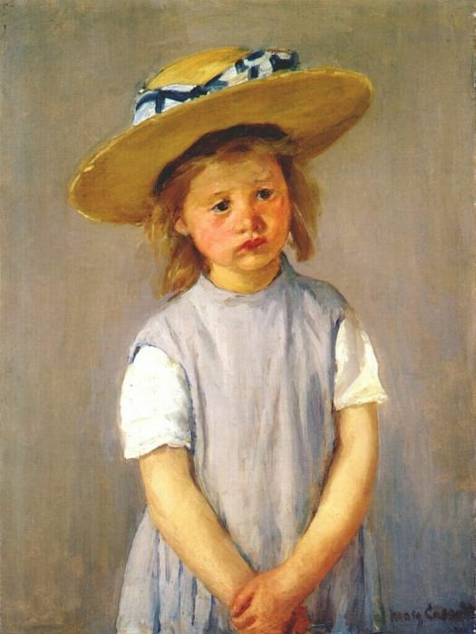 little girl in big straw hat and pinafore c1886. Mary Stevenson Cassatt