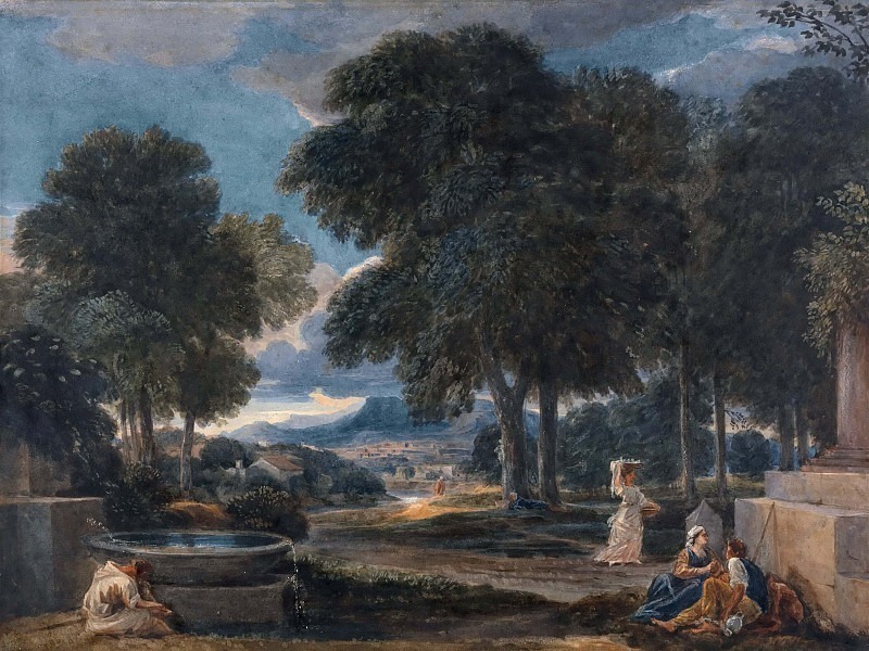 Пейзаж с мужчиной, умывающим ноги у фонтана, по Пуссену. Дэвид Кокс