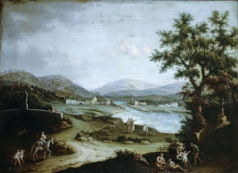 Пейзаж с озером и фигурами