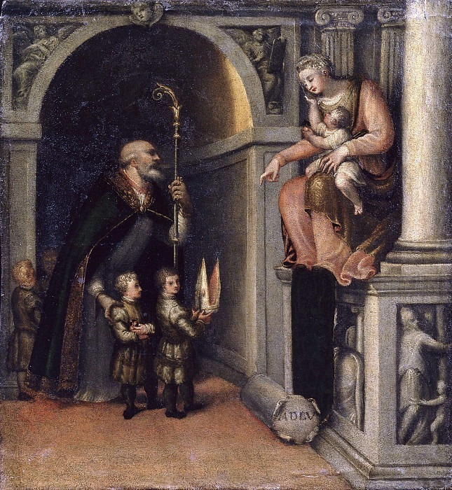St. Nicholas of Bari presents three children to the Madonna (copy from Moretto). Girolamo Colleoni