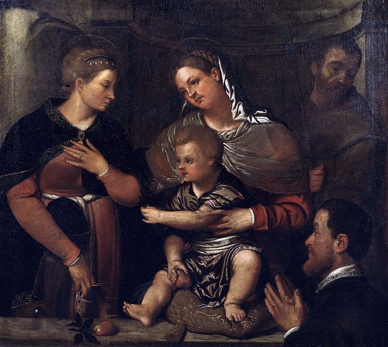 Мадонна с младенцем и святой Екатериной Александрийской. Франциск Ассизский и преданный. Джироламо Коллеони
