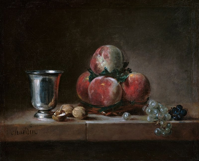 Натюрморт с персиками, серебряным кубком, виноградом и грецкими орехами, Жан-Батист Симеон Шарден