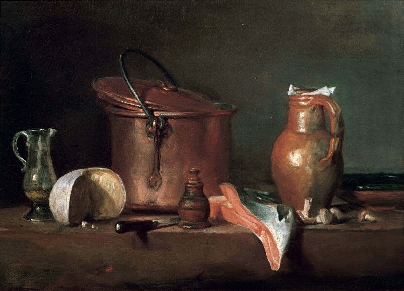 Still life with a copper pot and a piece of salmon. Jean Baptiste Siméon Chardin