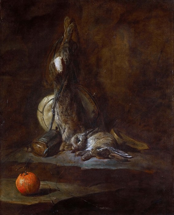 Два мертвых зайца с ягдташем, пороховница и апельсин. Жан-Батист Симеон Шарден