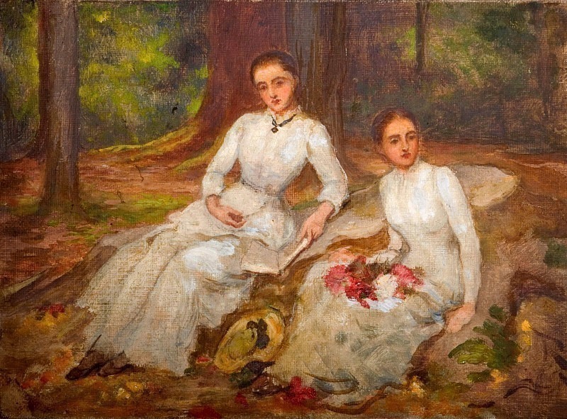 Две женщины в белом сидят на лесной поляне. Эстелла Луиза Микаэла Канциани