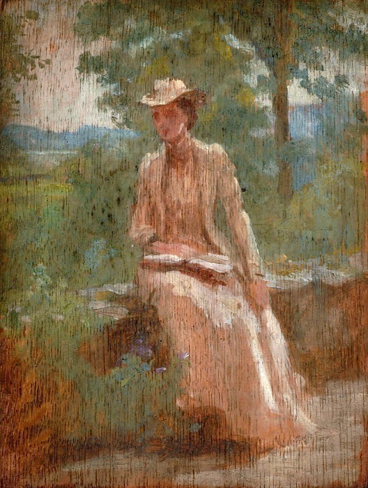 Woman in white, seated on a terrace. Estella Louisa Michaela Canziani