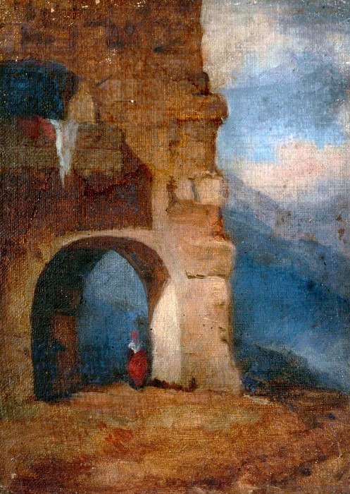 Italian peasant in stone archway. Estella Louisa Michaela Canziani