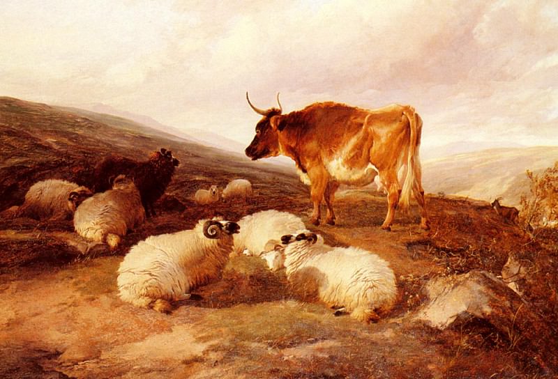 Rams And A Bull In A Highland Landscape. Thomas Sidney Cooper