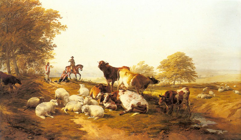 Пейзаж с отдыхающими коровами и овцами. Томас Сидни Купер