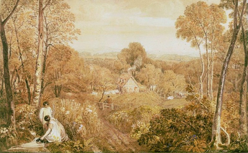 Wooded landscape with cottages and countrywomen, Hurley, Berks, Joshua Cristall