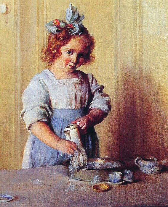 Washing Dishes Emily and Her Tea Set, Charles Courtney Curran