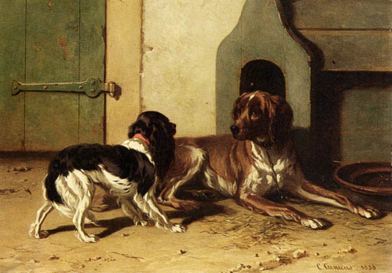 A King Charles Spaniel And A Drentse Partridge Dog. Conradyn Cunaeus