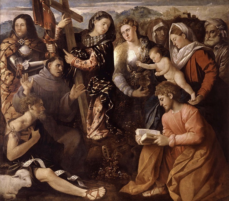 Madonna and Child with Saints Alexander. Elena. Mary Magdalene. Anna. Joseph . John the baptist. Francis of Assisi. John the Evangelist, Cariani (Giovanni Busi)