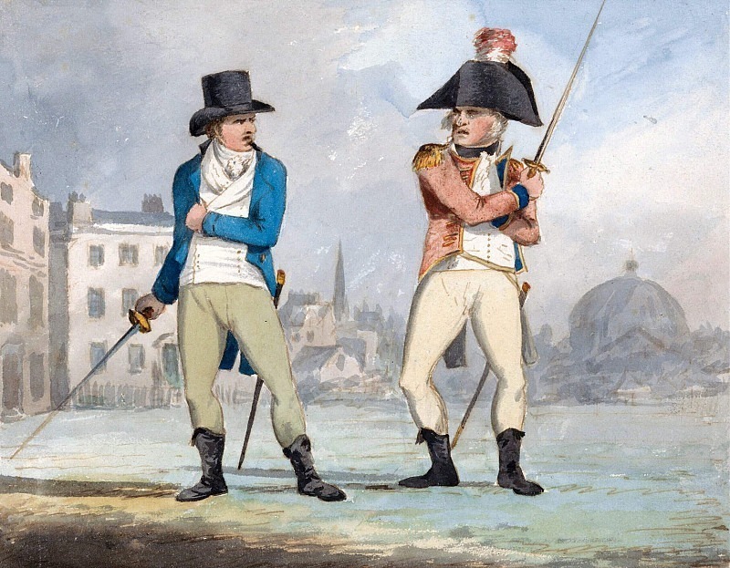 Карикатура на двух мужчин с обнажёнными мечами (одна из трёх). Джон Селл Котман