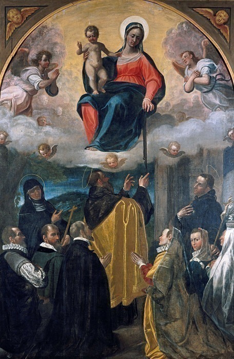 Мадонна с поясом со святыми Моникой, Августином, Антонио да Падуя и преданными. Джованни Паоло Каванья