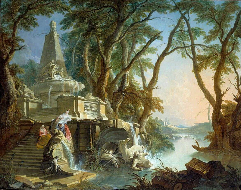 Landscape with pyramidal fountain and statue of Neptune. Jacques De LaJoüe