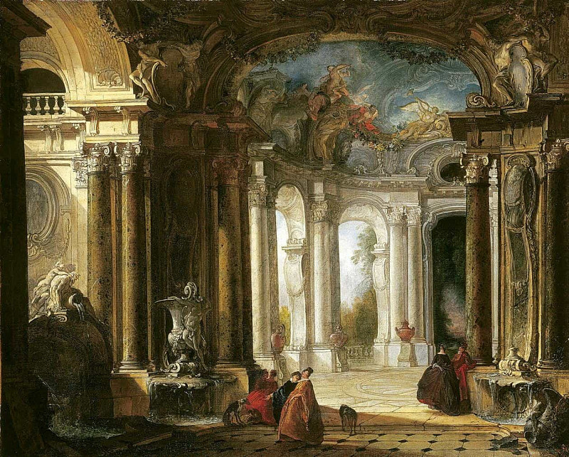 The interior of a Baroque palace with elegant company conversing by fountains. Jacques De LaJoüe