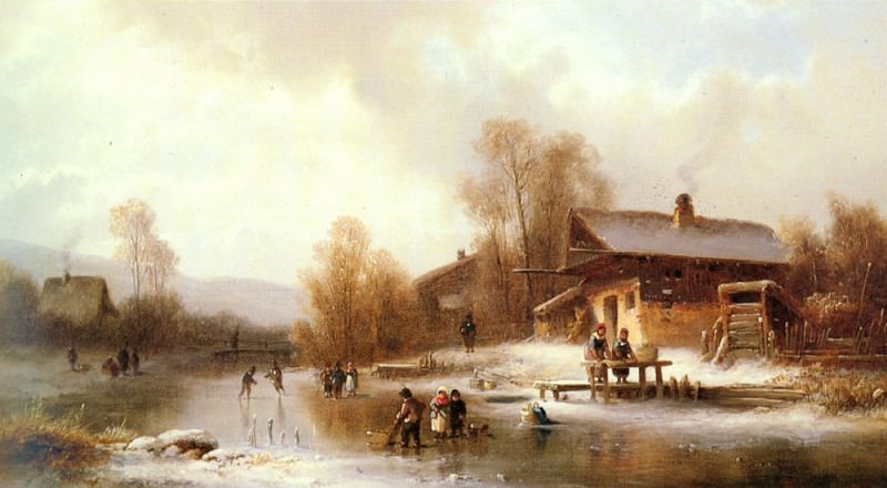Skaters And Washerwomen In A Frozen Landscape. Anton Doll