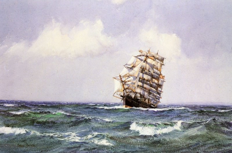 The Ship Lightening Making Landfall In Summer Weather. Montague Dawson